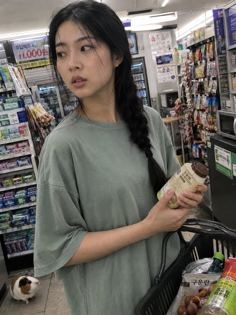 用iPhone前置摄像头意外抓拍的快照，拍摄于一家小型社区便利店内部。一位年轻的韩国女性站在收银台前排队，一边随意地用手抹去额头上的一丝汗珠，一边挎着购物篮。她目光望向一侧，表情略显不耐烦与心...