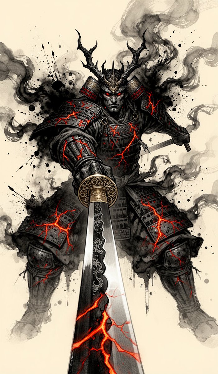 一座高耸的恶魔武士直接向观者猛扑过来,双手紧握一柄华丽的武士刀,猛烈地刺入画面极致的近景,夸张的强制透视,水墨与烟雾风格的水墨画(sumi-e),盔甲消融为黑色墨点飞溅与盘旋缭绕的烟雾丝缕,炽...