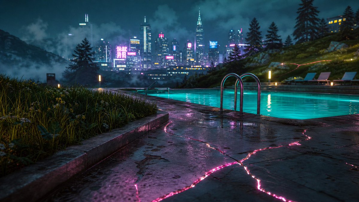 沉入美丽高山草甸中的游泳池 1. 奇异（Bizarre）：创作一幅奇异超现实的图像，展示一个沉入美丽高山草甸中的游泳池，其绿松石色的水完全静止，水面下倒映着颠倒的天空，周围的草以完美的同心圆向...