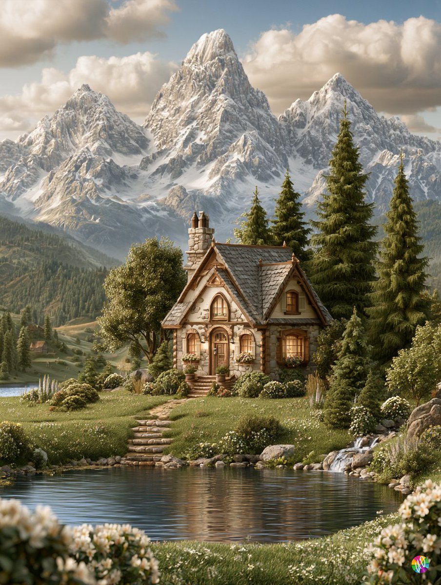 以阿尔伯特·比尔施塔特 (Albert Bierstadt) 的风格。前景是一片有大池塘的草甸。池塘边有一座小屋。背景应有高耸的、被雪覆盖的山峰。 [为第一张图片添加 - @midjourne...
