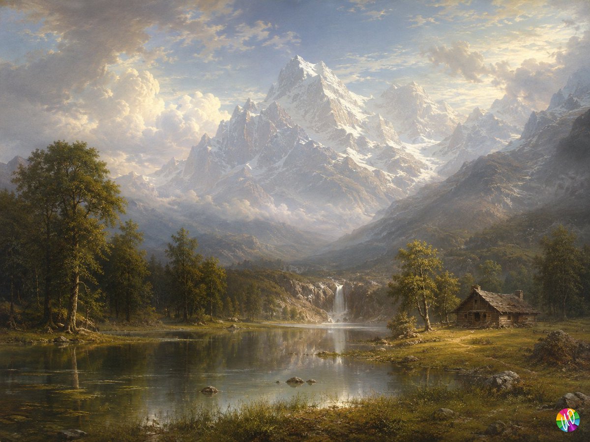 以阿尔伯特·比尔施塔特 (Albert Bierstadt) 的风格。前景是一片有大池塘的草甸。池塘边有一座小屋。背景应有高耸的、被雪覆盖的山峰。 [为第一张图片添加 - @midjourne...