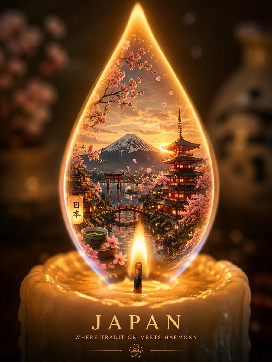 创作一幅令人惊叹的高端竖版 4:5 旅行艺术作品，在发光的烛焰中呈现 [COUNTRY]。 在柔和优雅的深色背景中央，摆放一支奢华的手工蜡烛。火...