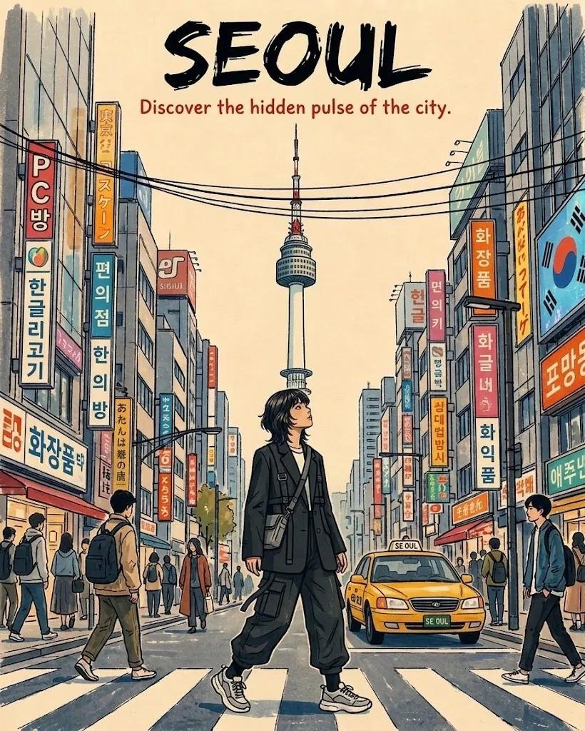 创作一幅充满活力的手绘编辑风格旅行海报，融合首尔与东京的视觉语言，采用怀旧复古的亚洲旅行插画风格。一位时尚的东亚年轻女性自信地走在画面中央前景的...
