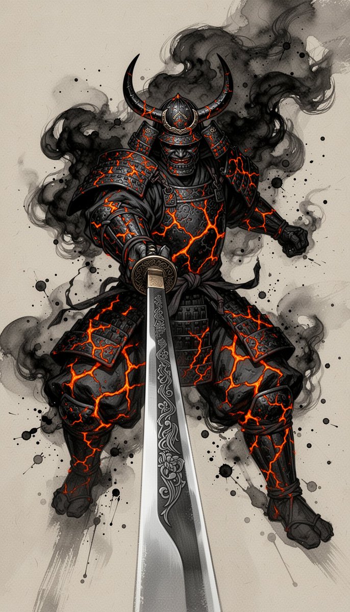 "一个高耸的恶魔武士战士直接向观者猛冲，身披深色华丽且布满熔岩裂纹的盔甲，脸部被一顶弯曲带角的战盔所遮蔽，双手紧握一柄刻纹武士刀，以夸张的强制透...