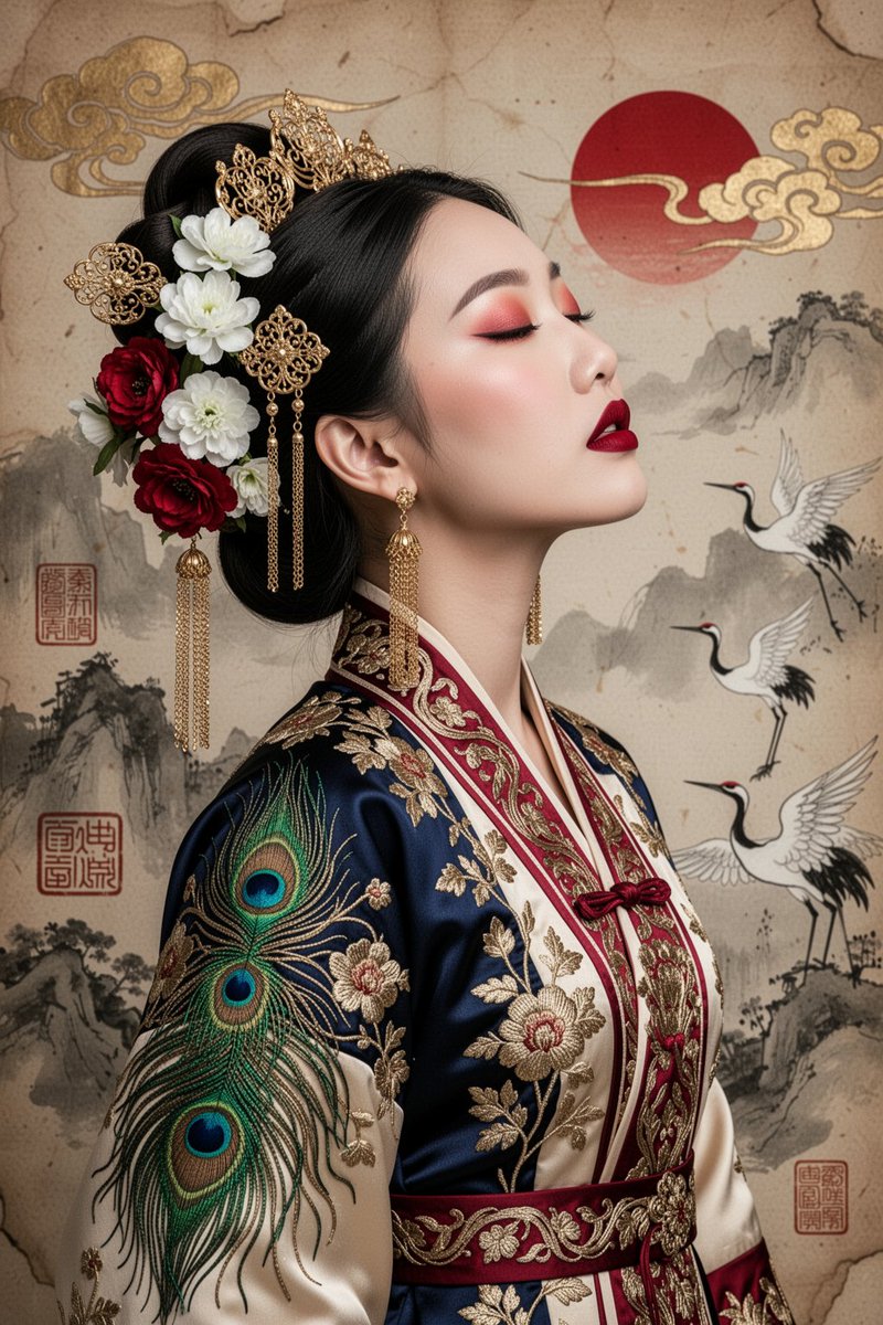 年轻亚洲女性的超精细肖像，身着华丽的传统灵感服饰，右侧面向的侧面视角，头部后仰，双眼轻闭，嘴唇微张，神态安详。无瑕的瓷器肌肤，柔和的红色眼影，深...