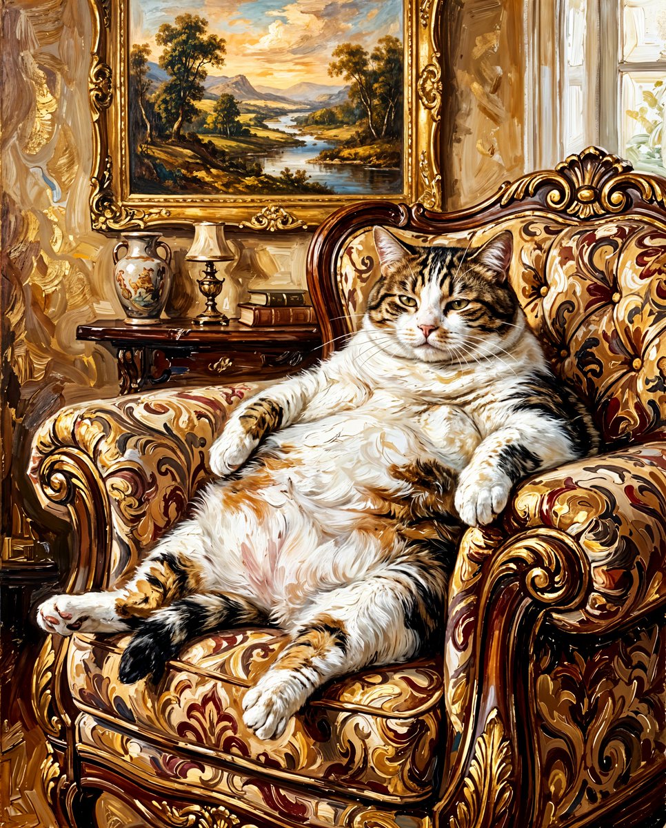 一只非常肥胖的猫正慵懒地躺在一把华丽的天鹅绒扶手椅上。这只猫以白色为主，头部、背部和尾巴上有棕色和黑色的虎斑斑纹。它的肚子异常肥大，向下垂着。猫...