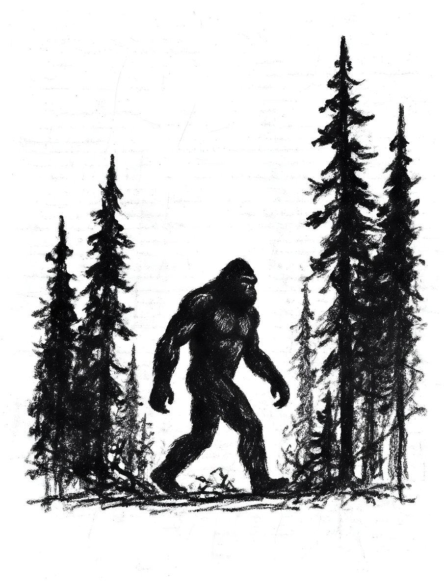 一幅黑白、带有颗粒感、类似素描的插画描绘了一只大脚怪在森林中行走的身影。大脚怪是画面中央的主体，以深色剪影呈现，可以看到明显的肌肉轮廓。在大脚怪...