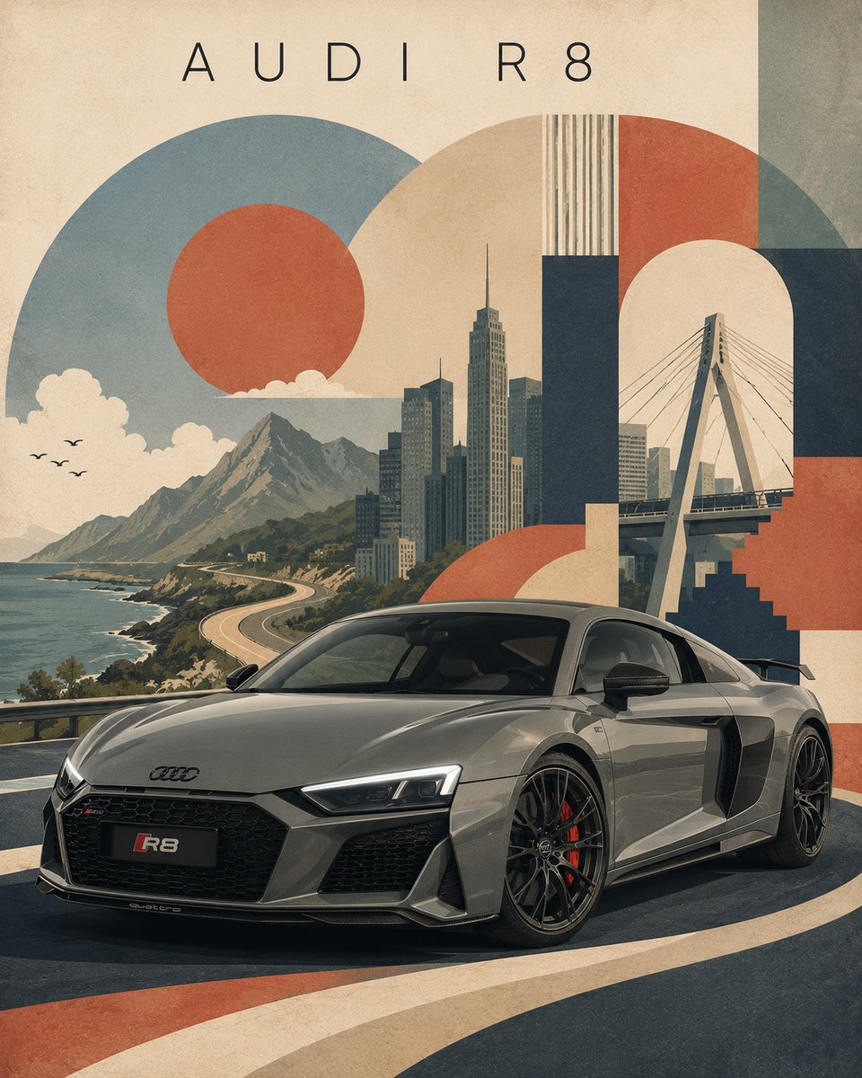 BMW M4 Competition —— 复古现代主义旅行海报 创作一幅精致的编辑风格旅行海报插画，主题为 BMW M4 Competition，灵感源自复古现代主义旅行艺术。将 BMW M...