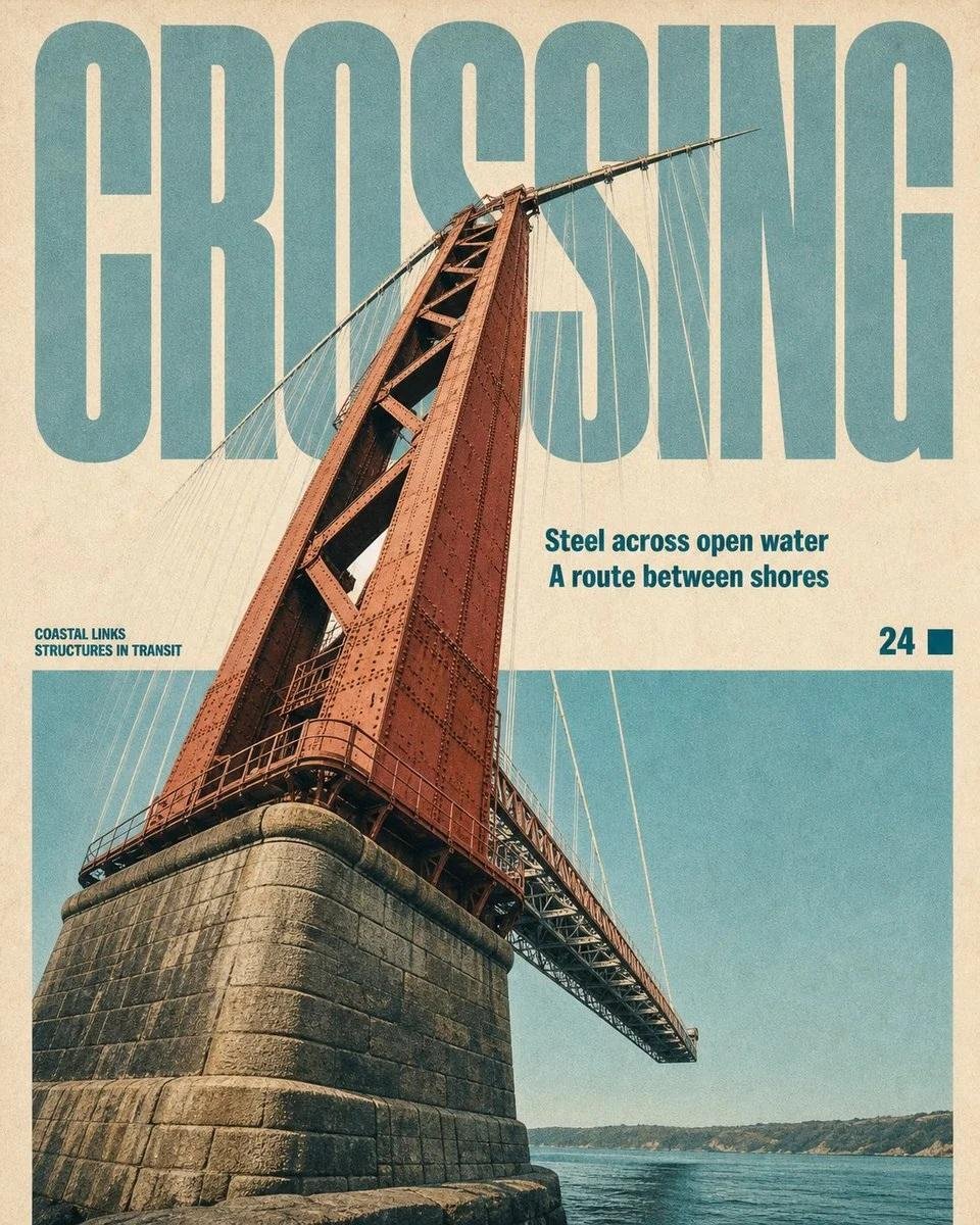 创作一张复古编辑风格旅行杂志海报，灵感源自20世纪中叶的交通运输与工程出版物。以宏伟的 [SUBJECT] 作为主要摄影对象，采用富有戏剧性的仰拍视角、强烈的几何构图和清晰的建筑线条。使用大型...