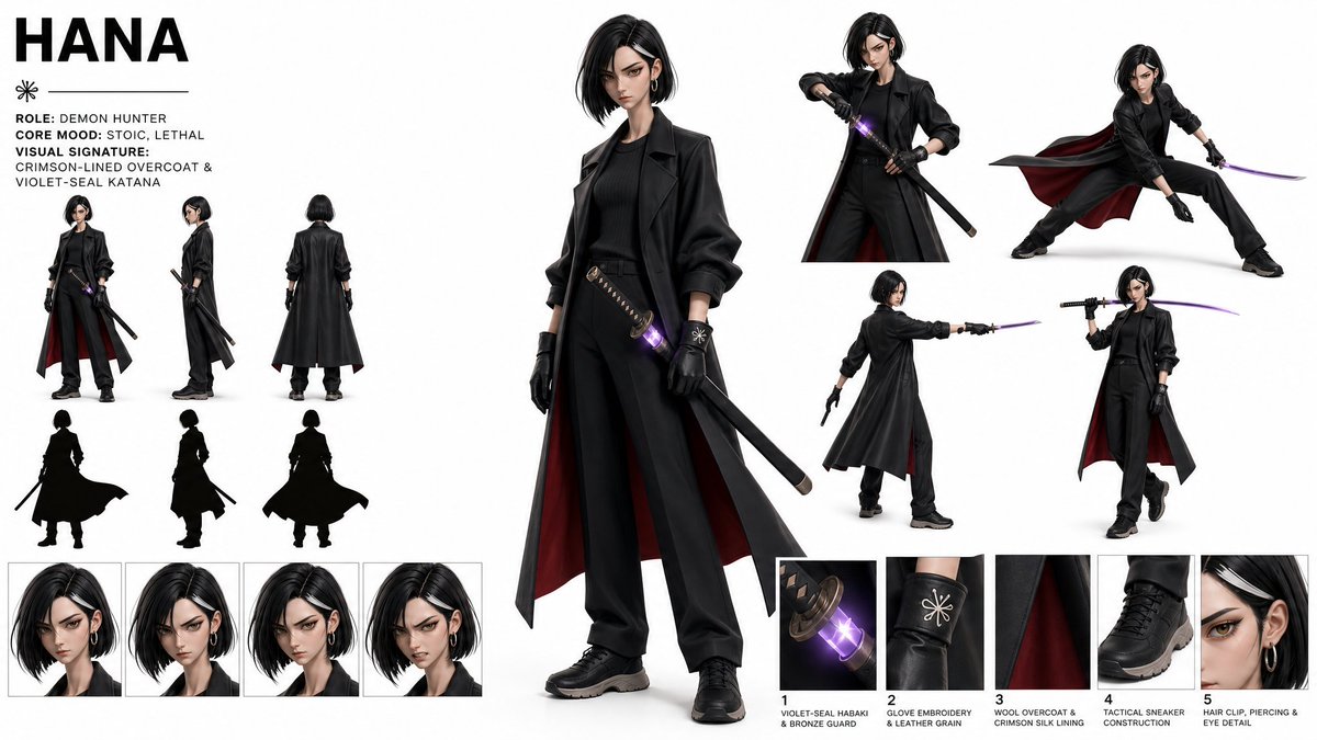 创建一个高级、现代、时尚的"角色概念设定图(CHARACTER CONCEPT ART SHEET)",采用 16:9 宽屏布局,背景为纯白色。...