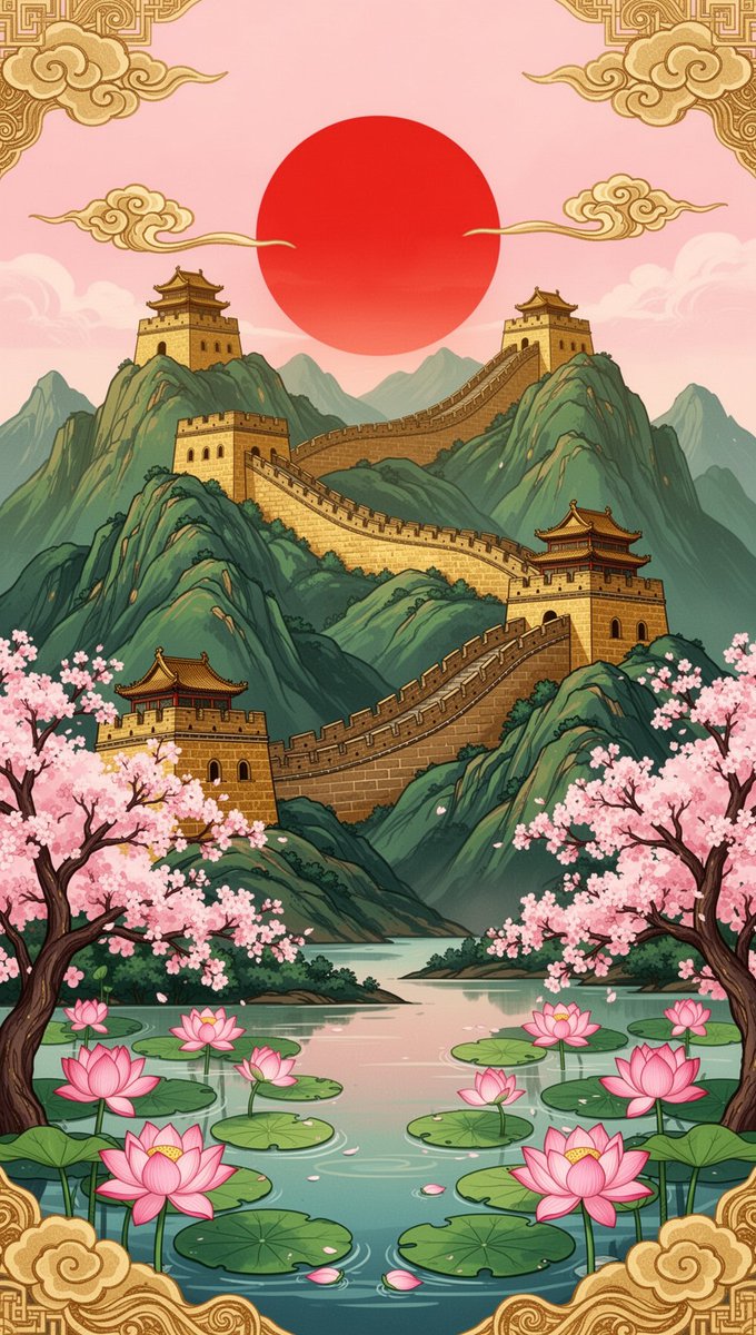 插画:金色的长城蜿蜒穿过翠绿的山峦,配以传统宝塔式烽火台,前景是粉色的樱花树,宁静的莲花池中盛开着粉色莲花和浮萍,粉彩色天空中的巨大红日,华丽的...