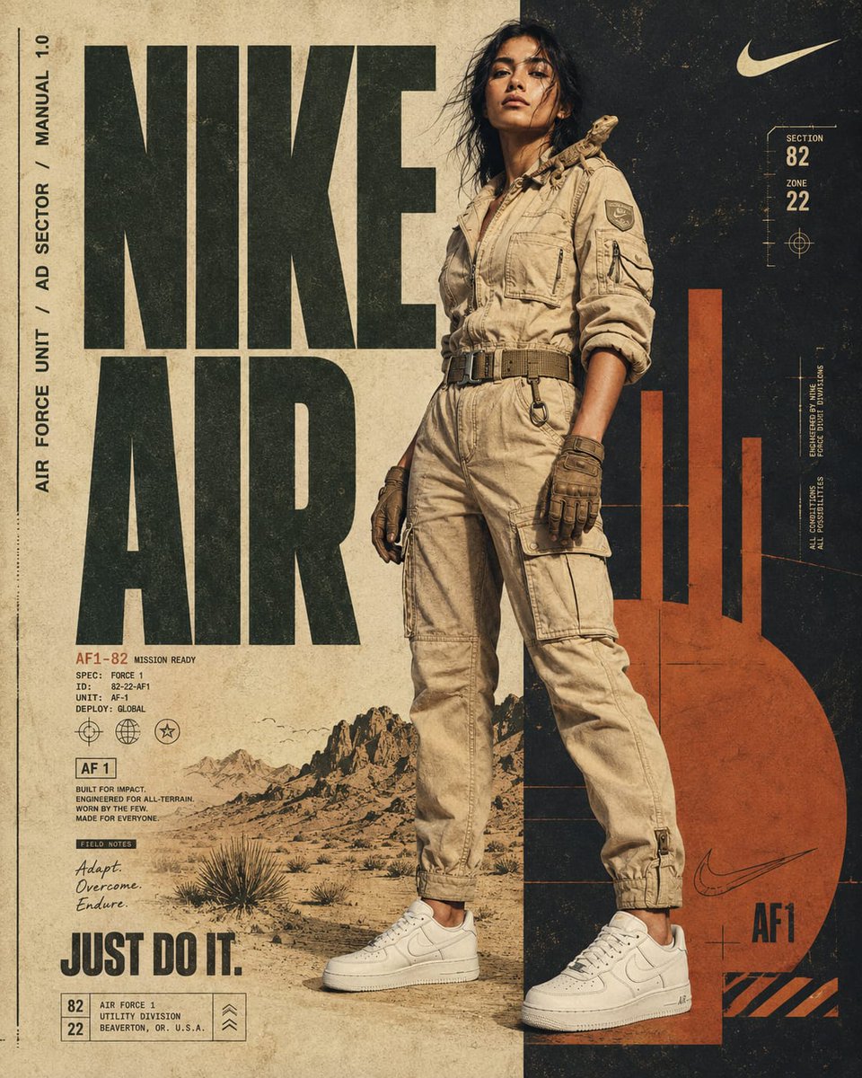 任务准备就绪：野战手册版 提示词⤵️ 主体：一位自信的年轻女性，留着蓬松深色头发，身着战术沙漠连体服（黄褐色/卡其色工装连体裤，配有多个 car...