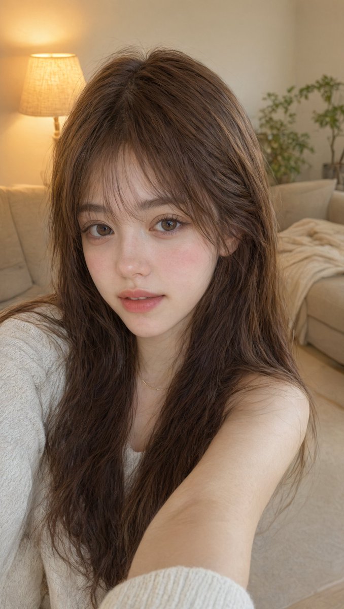 [Qwen Image 3.0 Pro 提示词] | ar 9:16 2K 图像细节与提示词解析 视觉风格与氛围 风格：柔和梦幻的特写自拍肖像，温暖舒适的室内美学 基调：温柔、纯真、甜美、温馨...