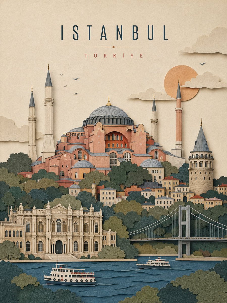 创建一张精致的竖版 3:4 旅行海报，以 {CITY} 为主题，采用手工分层剪纸地标拼贴风格。 仅使用城市名称。识别其所在国家、建筑特征、景观、视觉氛围，以及 3–4 个真正位于该城市的最具标...