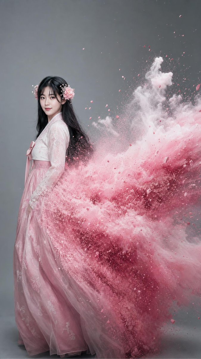 创作一幅超写实韩国高级时尚棚拍全身肖像：人物身穿优雅的粉彩粉色韩服，留着长发，两侧佩戴精致的花朵发饰。韩服在物理上变体为巨大而浓郁的粉彩粉色颜料...
