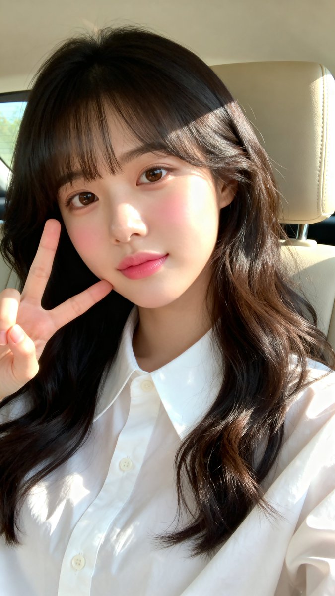 [Seedream 4.0 Prompt] ar 9:16 High 一张年轻东亚女性（韩国外貌）的特写自拍肖像，皮肤白皙光滑，五官柔和自然。她留着长长的、略带波浪的深棕至黑色头发，柔软的刘海...