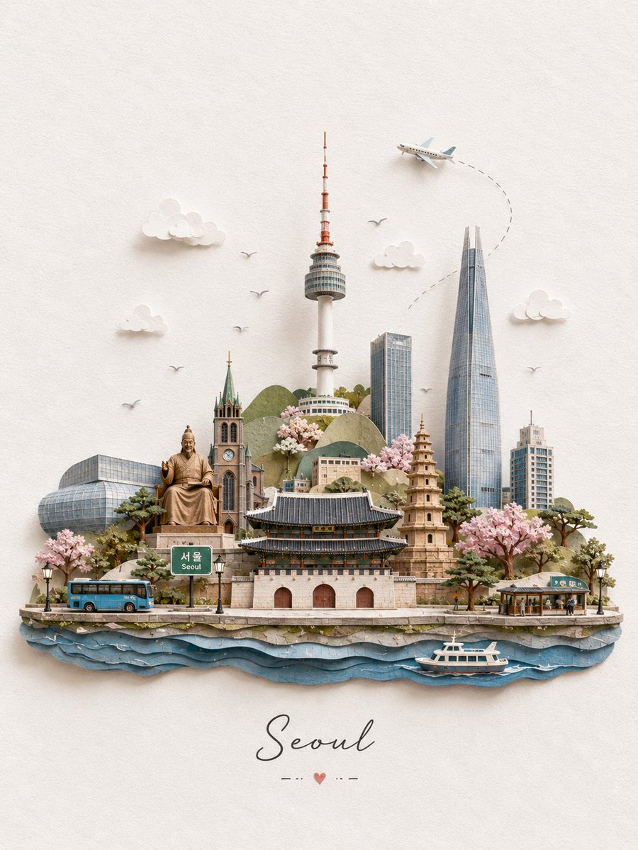 创作一幅迷人的 3D 微型纸艺旅行插画，主题为 [DESTINATION]，设计成一张精致的手工旅行明信片。仅使用目的地名称来标识地点，然后将最具辨识度的当地地标、建筑和文化元素作为小巧的手工...