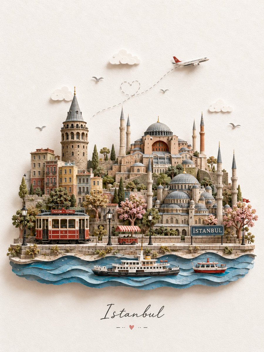 创作一幅迷人的 3D 微型纸艺旅行插画，主题为 [DESTINATION]，设计成一张精致的手工旅行明信片。仅使用目的地名称来标识地点，然后将最具辨识度的当地地标、建筑和文化元素作为小巧的手工...