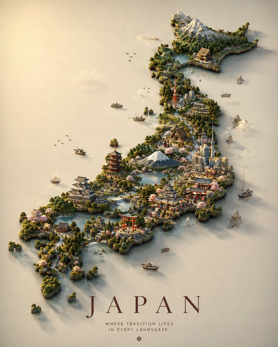 创作一张高端竖版 4:5 概念旅行海报，主题国家为 [COUNTRY]，设计为一张超现实的活体地形图。 整个国家被塑造为一座精雕细琢的 3D 景...