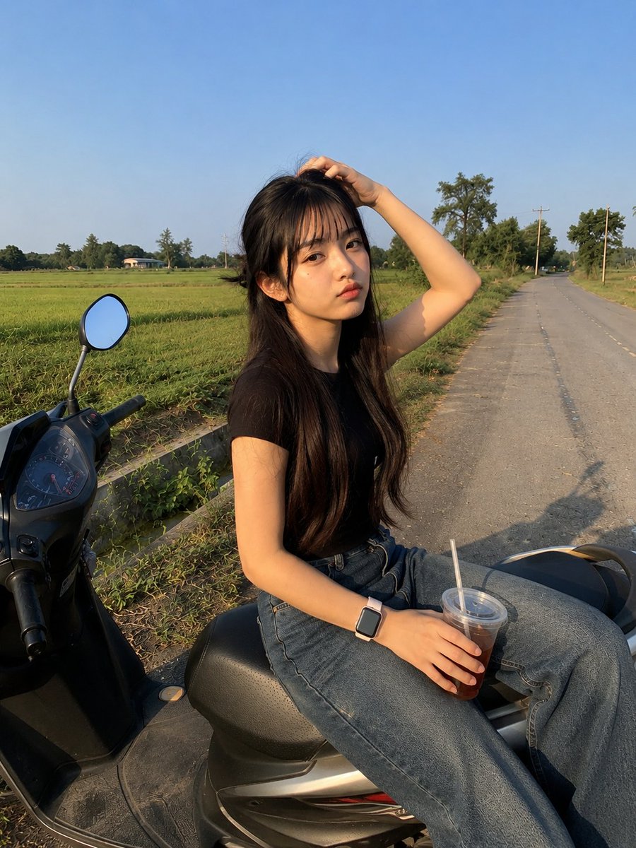 一张高度真实的休闲智能手机照片：一位年轻的东亚女性侧身坐在一辆停在宁静乡间小路边的现代踏板摩托车上。她有着非常长的深棕色直发，自然中分，披在肩上...