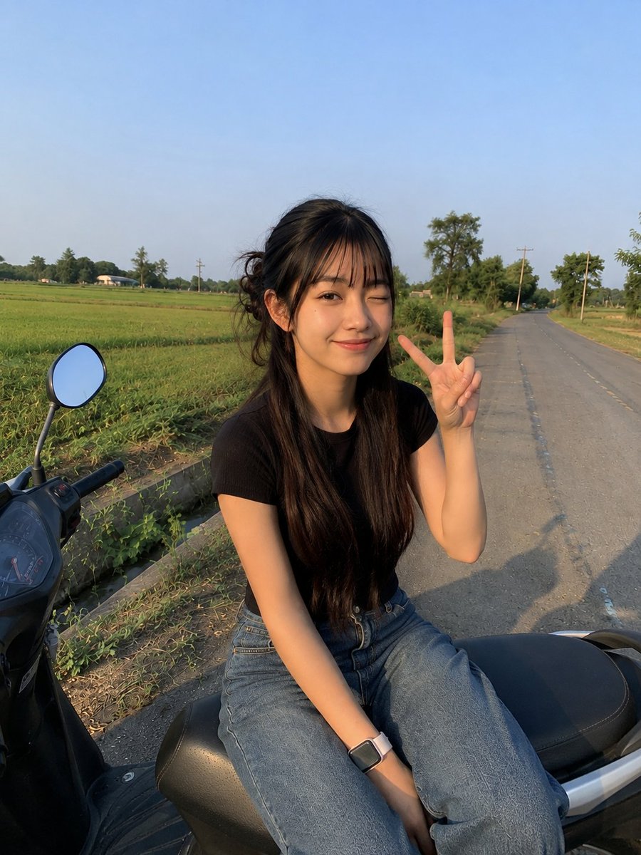一张高度真实的休闲智能手机照片：一位年轻的东亚女性侧身坐在一辆停在宁静乡间小路边的现代踏板摩托车上。她有着非常长的深棕色直发，自然中分，披在肩上并垂至后背，几缕细碎飞扬的发丝在阳光下闪闪发亮。...