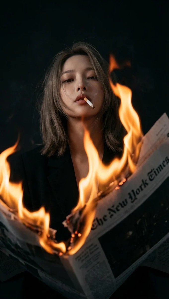一位年轻女性，略显凌乱的齐肩发，口中叼着香烟，从下方透过火焰拍摄。齐肩发带有自然轻微波浪，稍显凌乱但不狂野——毫不费力的凌乱感，富有生活气息的质...