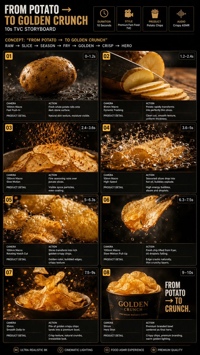 制作一条10秒竖屏9:16高端快餐TVC广告，超写实8K画质，电影级食物摄影，不出现人物，必要时仅显示手部。同一颗土豆贯穿整个变身过程。 概念：...