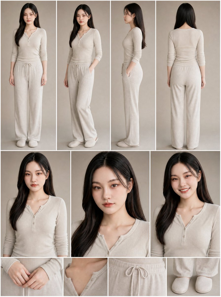 使用上传的女性作为严格身份参考,创建一张超写实高端女性角色参考表。 身份——绝对优先: 保留上传图片中女性的精确身份。 保持她的: - 精确的脸...