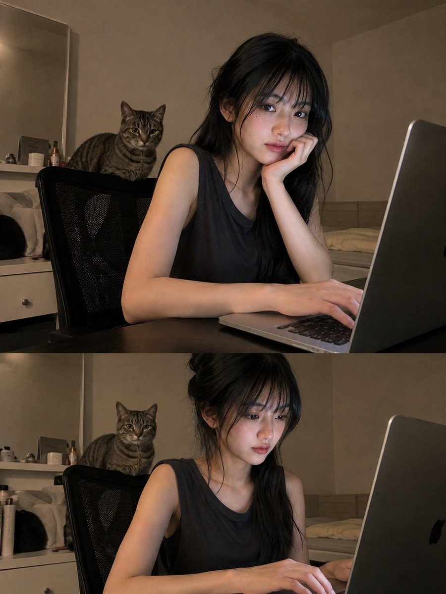 一张高度真实的照片，内容是一位年轻的东亚女性坐在书桌前，在安静的家庭环境中使用笔记本电脑工作。她有一头黑色长发，顺直、自然蓬松，带有蓬松柔和的刘...