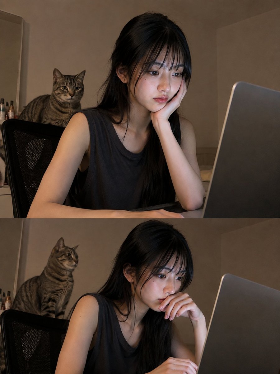一张高度真实的照片，内容是一位年轻的东亚女性坐在书桌前，在安静的家庭环境中使用笔记本电脑工作。她有一头黑色长发，顺直、自然蓬松，带有蓬松柔和的刘海，碎发自然地垂落在脸颊和肩膀两侧，皮肤白皙真实...