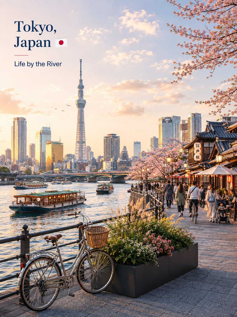 创作一幅精美优雅的日本东京旅行海报风格插画，灵感来自首尔水滨海报的构图，但转变为一座极具辨识度的日本场景。 以风景如画的东京隅田川水滨步道为主角...
