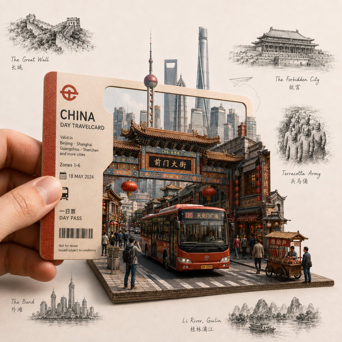 GPT Image 2 立体模型之旅 在温暖的奶油色纹理纸上打造一个逼真的俄罗斯微缩立体模型旅行海报立体场景。一只真实的手在左侧握着一张复古的"俄罗斯一日游旅行卡（RUSSIA DAY TRA...