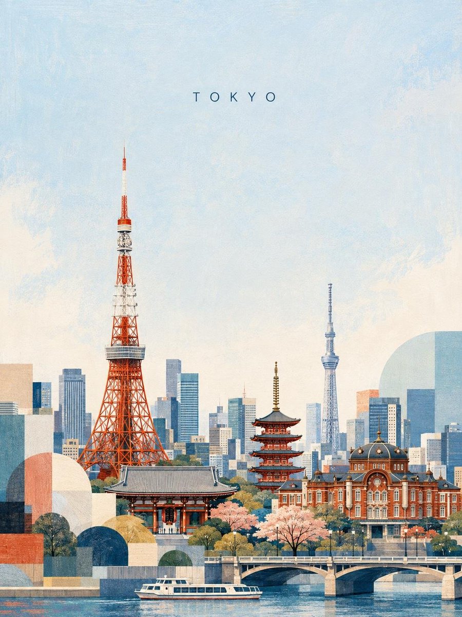 创作一幅精致的编辑风格台北旅行海报插画，灵感来自复古现代主义旅行艺术。以台北101作为主导地标，高耸于层层叠叠的城市天际线之上，前景为中正纪念堂，搭配传统台湾建筑、葱郁树木、远处青翠山峦、优雅...