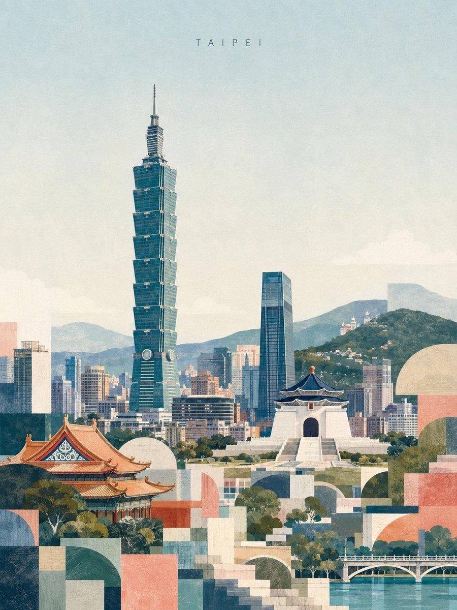 创作一幅精致的编辑风格台北旅行海报插画，灵感来自复古现代主义旅行艺术。以台北101作为主导地标，高耸于层层叠叠的城市天际线之上，前景为中正纪念堂，搭配传统台湾建筑、葱郁树木、远处青翠山峦、优雅...