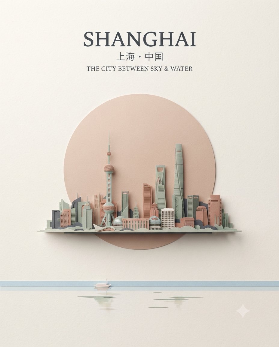 创作一张高端竖版 4:5 极简主义旅行海报，主角为 [CITY]（城市），[COUNTRY]（国家），灵感源自现代纸张雕塑，采用原创、优雅的构图...
