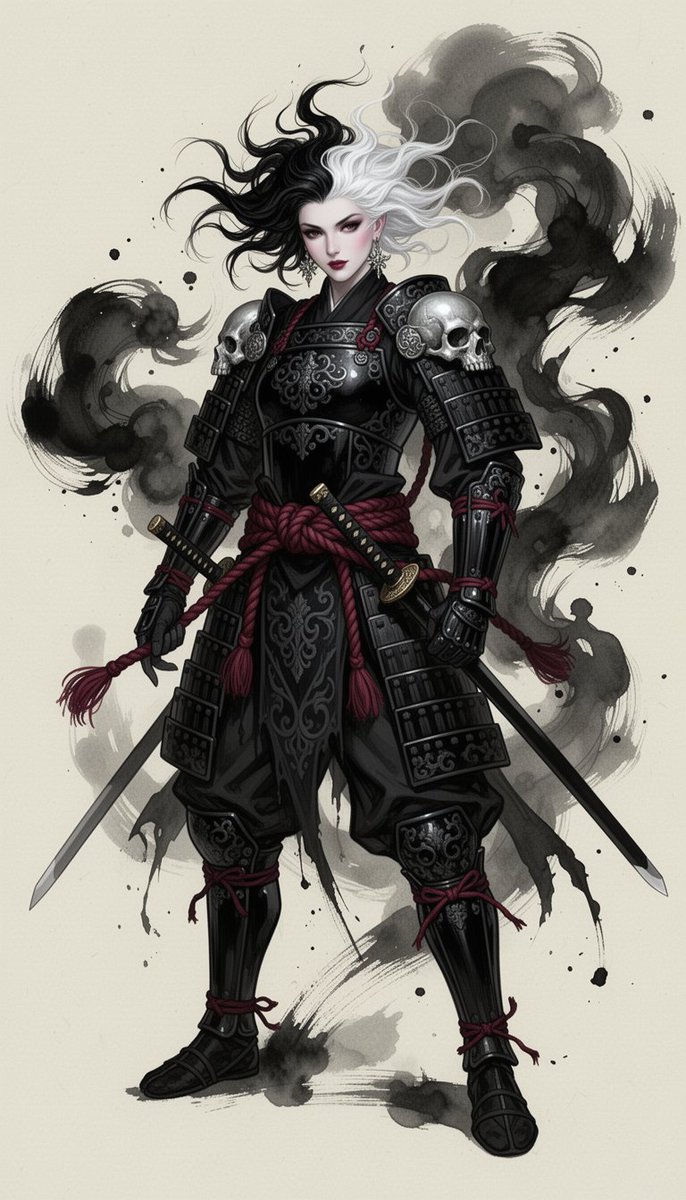 9:16 竖版全身奇幻角色插画，暗黑武士哥特美学，高级时装战士设计，绘画感概念艺术，富有表现力的水墨笔触能量。一位引人注目的奇幻战士，狂野的黑白...