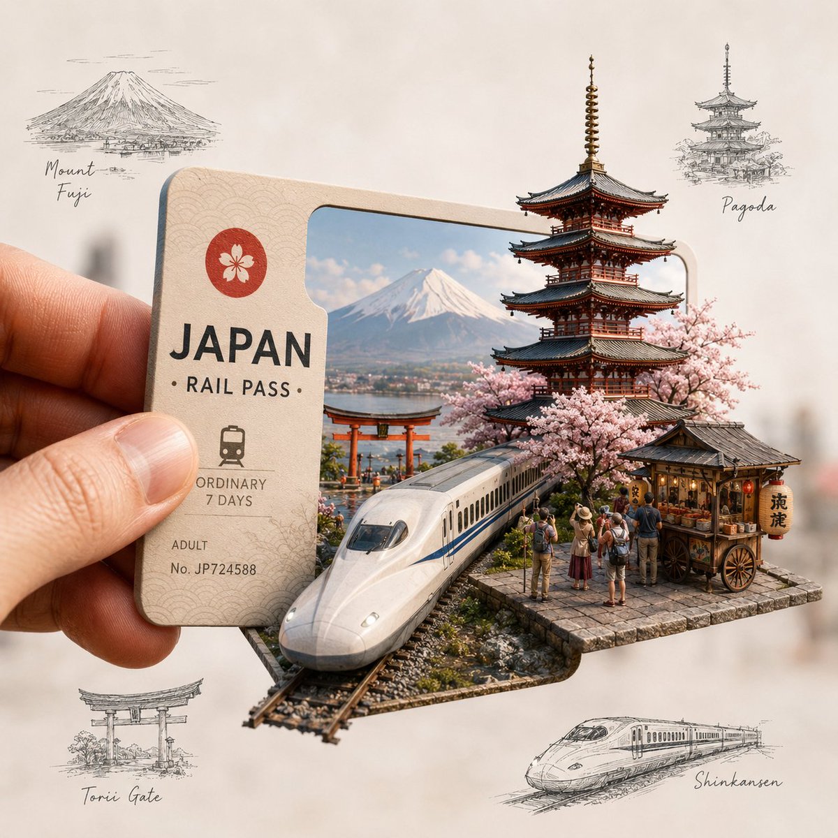 日本在手——传统与未来相遇之处 一段穿越日本的微缩之旅：永恒的文化、樱花、富士山、宝塔与未来感十足的新干线，全部从一张旅行通票中浮现。 有些旅程...