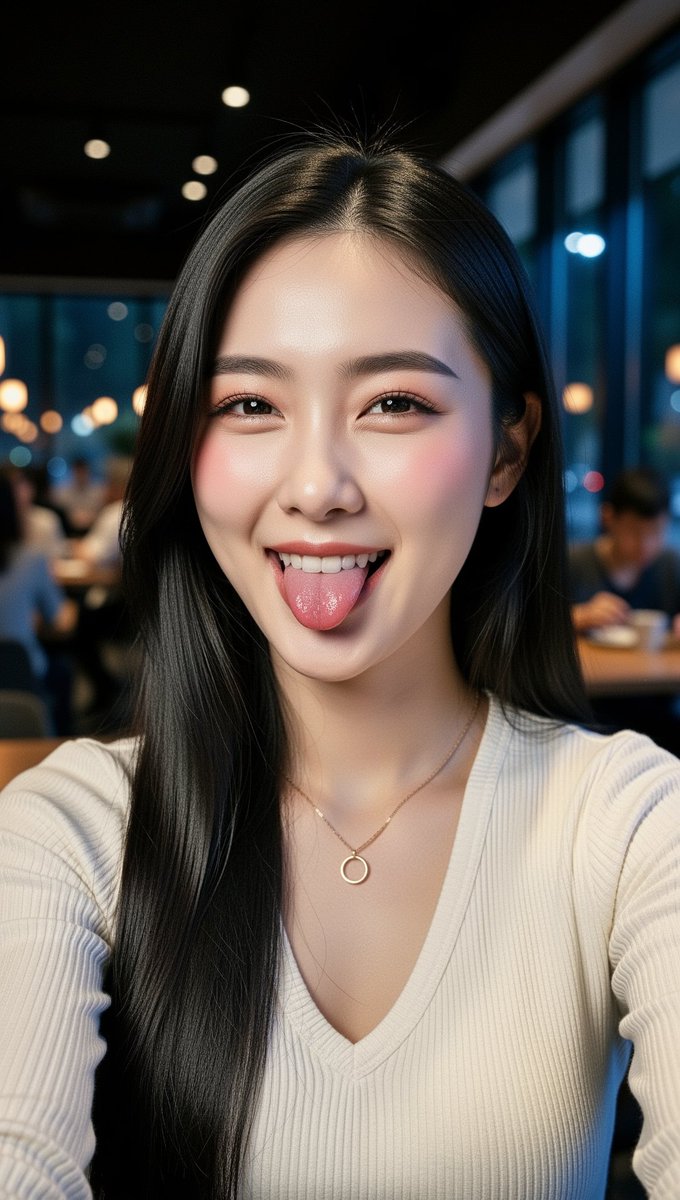 [FLUX.2 Flex 提示词] ar 9:16 2K 一张特写自拍照肖像,主角是一位二十岁出头的年轻东亚女性,拥有白皙、光滑、有光泽感的肌肤和自然柔和的光晕。她有一头长而顺直的丝质黑发,带...