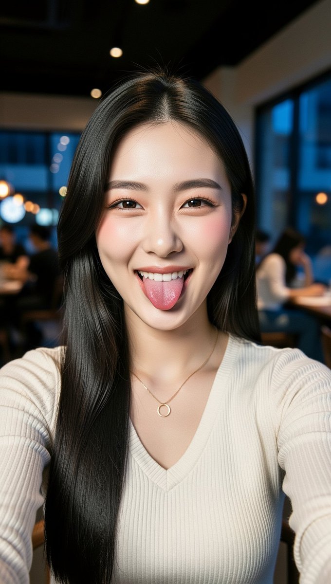 [FLUX.2 Flex 提示词] ar 9:16 2K 一张特写自拍照肖像,主角是一位二十岁出头的年轻东亚女性,拥有白皙、光滑、有光泽感的肌肤和自然柔和的光晕。她有一头长而顺直的丝质黑发,带...