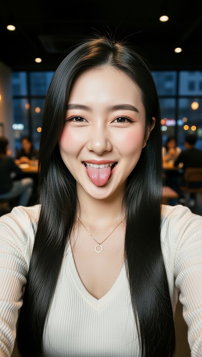 [FLUX.2 Flex 提示词] ar 9:16 2K 一张特写自拍照肖像,主角是一位二十岁出头的年轻东亚女性,拥有白皙、光滑、有光泽感的肌肤和自然柔和的光晕。她有一头长而顺直的丝质黑发,带...