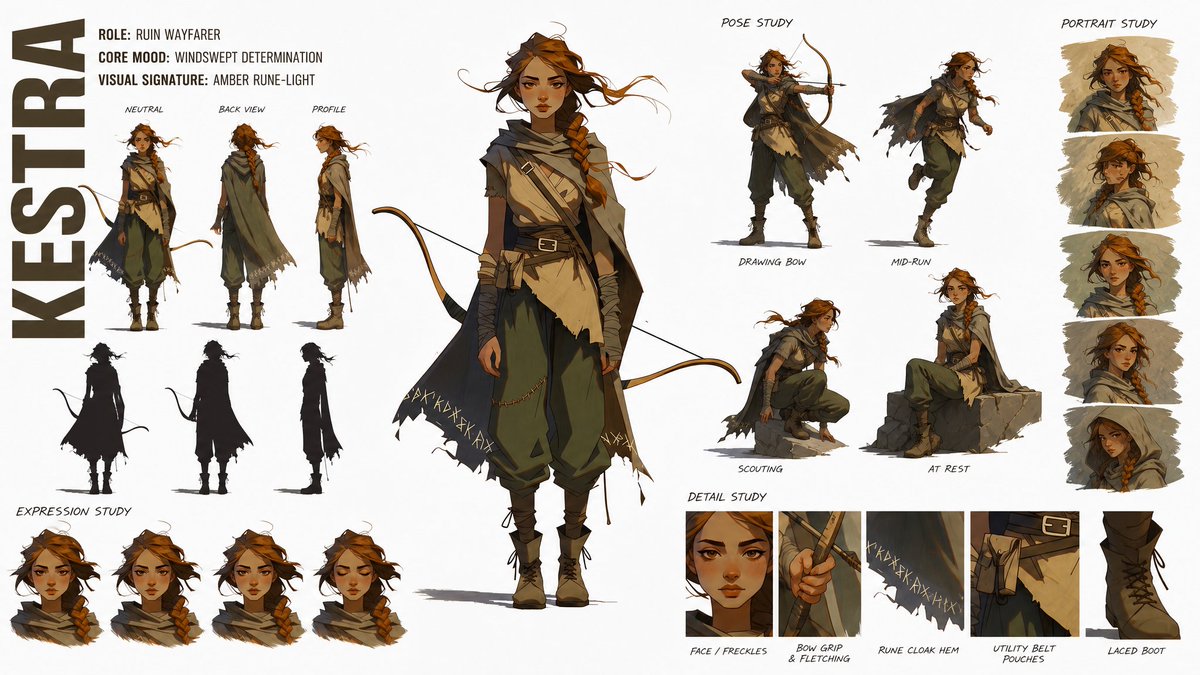 创建一个高端、现代的高级时装角色概念设定图集（CHARACTER CONCEPT ART SHEET），采用 16:9 宽屏布局，背景为纯白色。...