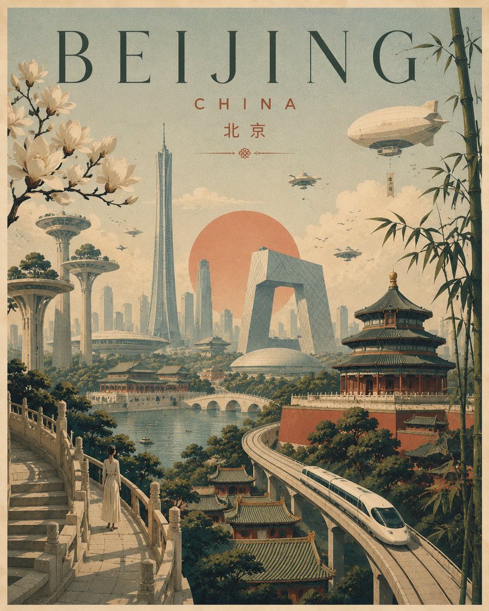 创作一张视觉上令人难忘的编辑艺术海报，呈现一个梦境般的未来世界，让熟悉的日常生活与超现实建筑相遇。宏伟的雕塑感建筑、蜿蜒的道路、巨型植物、渺小的人物、出人意料的漂浮元素、戏剧性透视、电影感氛围...