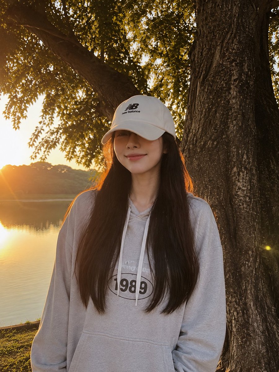 一张黄金时段的写实生活方式摄影照片，画面中一位年轻女子俏皮地坐在一辆复古黄色自行车旁，旁边是一片宁静的湖泊。她张开双臂，摆出愉悦、无忧无虑的姿态...