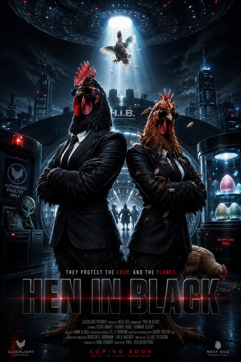 为《HEN IN BLACK》（黑衣人母鸡版）创作一张极为精致的院线电影海报——这是一部大制作科幻动作喜剧，讲述一个由鸡组成的绝密组织保护地球免...