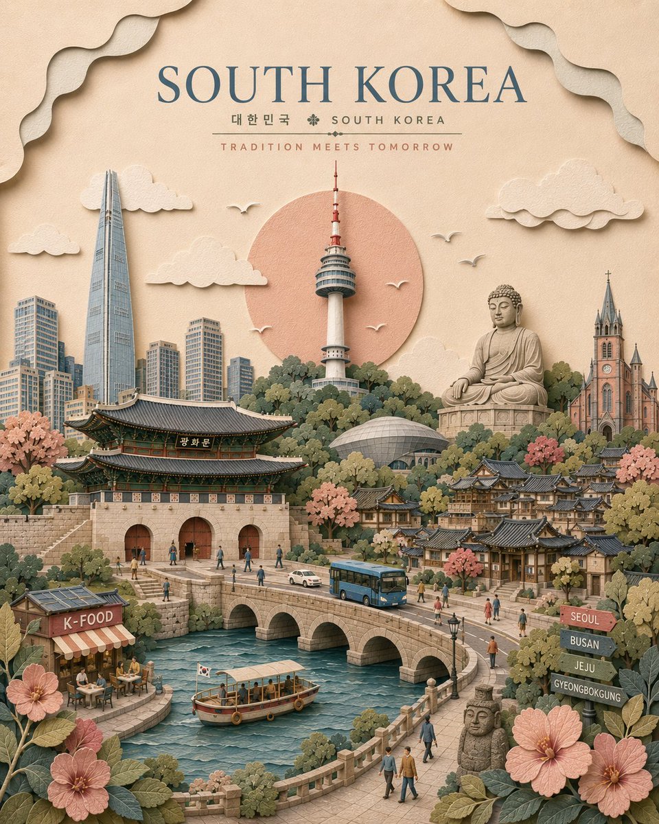 创作一张高级感竖版 4:5 [CITY]（[COUNTRY]）旅行海报，呈现为手工打造的层叠 3D 剪纸微缩世界。 使用柔和的粉彩纸张背景，带有细腻的颗粒感，搭配雕刻感的云朵、有纹理的卡纸层、...