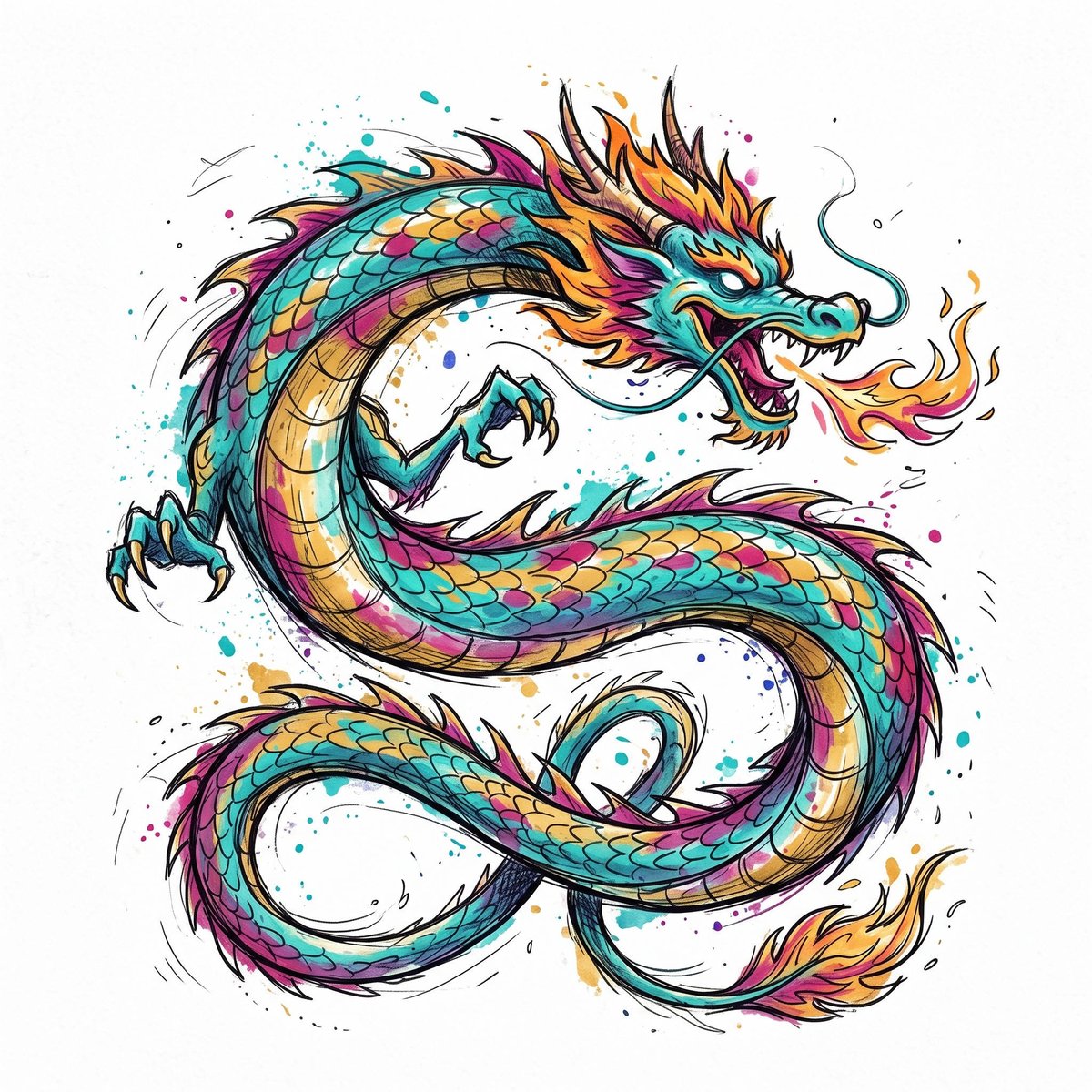 1: Gemini 2,3: Midjourney 7 粗犷的龙，采用大胆的青绿色、金色和品红色调，细长的蛇形身躯充满动感地扭曲，手绘风格，线条...