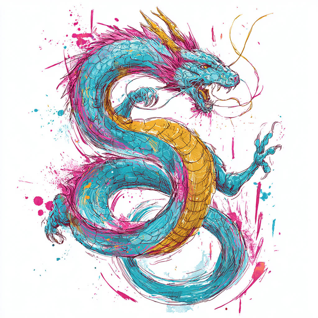 1: Gemini 2,3: Midjourney 7 粗犷的龙，采用大胆的青绿色、金色和品红色调，细长的蛇形身躯充满动感地扭曲，手绘风格，线条粗犷充满活力，细节带有不完美的草图感和彩色飞溅，...