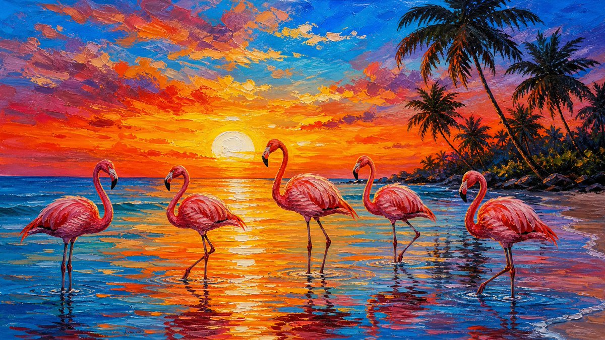 一幅充满活力的画作，描绘了五只粉红色的火烈鸟在热带海滩日落时分的浅水中涉水前行，巨大的太阳低悬在地平线上，在海面上投射出鲜艳的橙色、黄色和蓝色的...