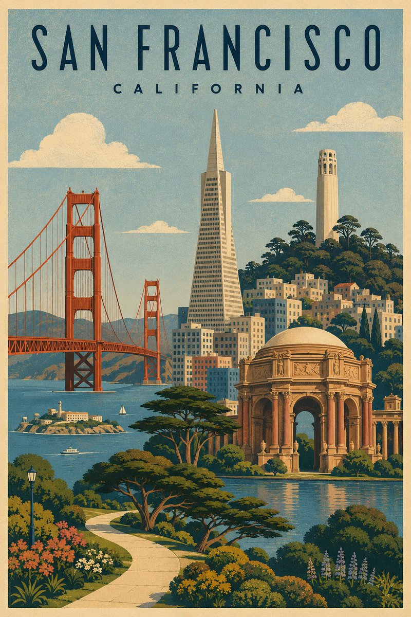 GPT 图像 2 张。 提示 👇 创建一幅复古中世纪（旧世纪中叶）风格的旧金山（加利福尼亚州）旅游海报插画，采用精致的 1950 年代至 196...