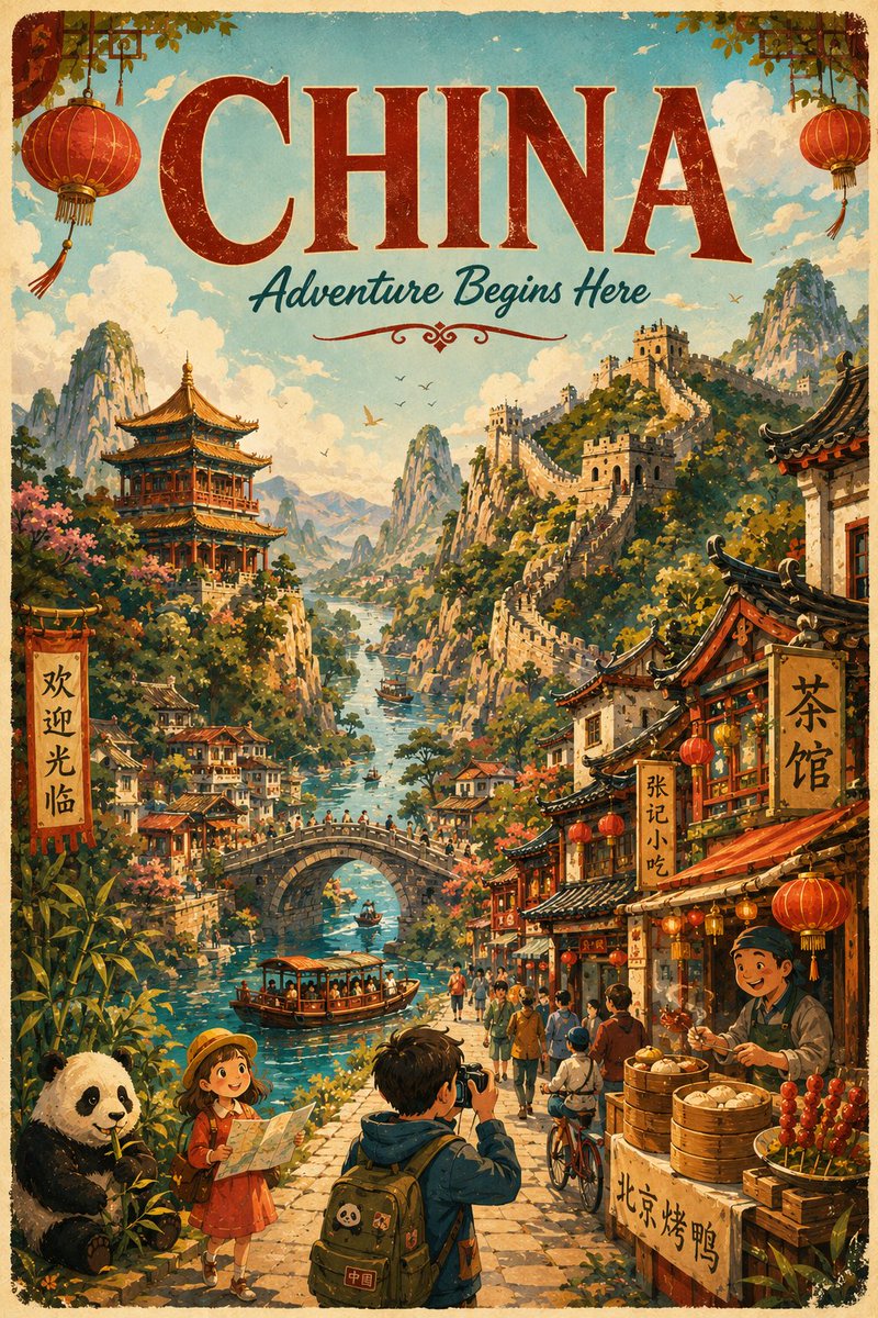 为 [COUNTRY] 创作一张精美的竖版 4:5 卡通风格插画旅行海报,设计得像一张迷人的可收藏复古动画海报。 将 [COUNTRY] 想象成...